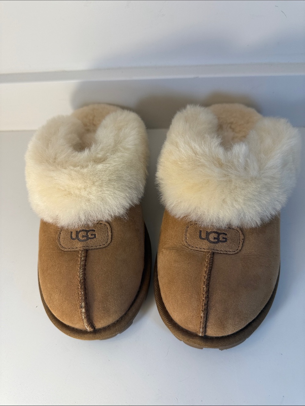 UGG Chestnut Coquette Suede Slippers with Cream Sheepskin Collar - Size 7